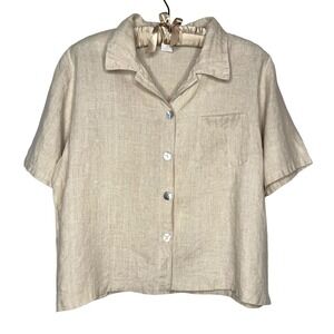 Match Point Made In USA Linen Button Up Top M Oversized Neutral Lagenlook Casual